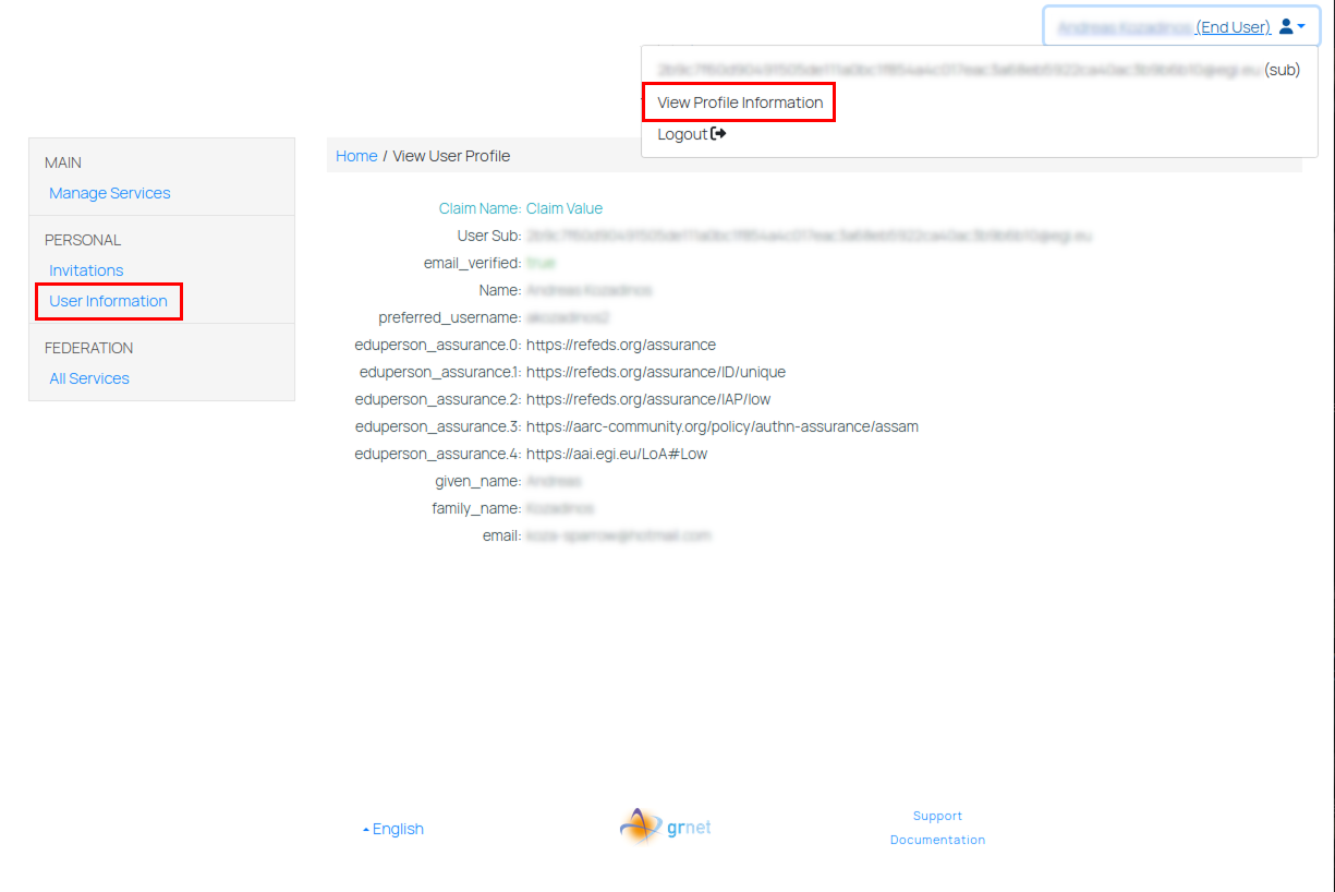 User Information page